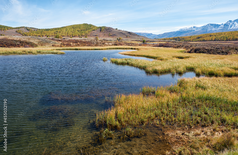 View on Altai lake Dzhangyskol and mountain plateau Eshtykel. North Chui ridge. Russia.