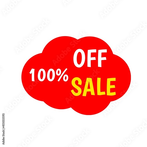 100 percentage off sale tag red clouds for sales and promotion isolated 3d. Discount sticker yellow and white. Business Advertising