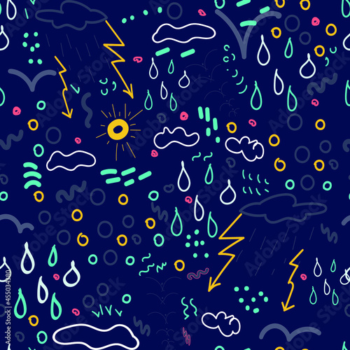Seamless pattern on the sky thunderstorm with lightning, birds, it's raining.