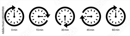 Timer icons set. Kitchen timer icon with different minutes. Cooking time symbols and labels