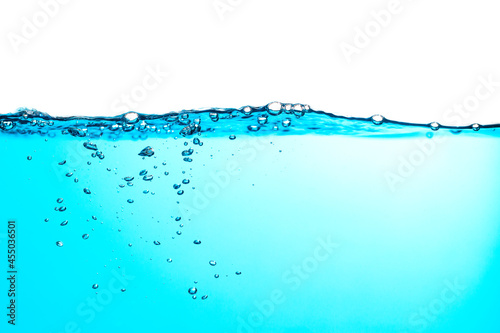 Water Wave. Blue Water Splash with Bubbles Float up on White Background	