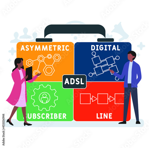 Flat design with people. ADSL - Asymmetric Digital Subscriber Line acronym. business concept background. Vector illustration for website banner, marketing materials, business presentation, online adve