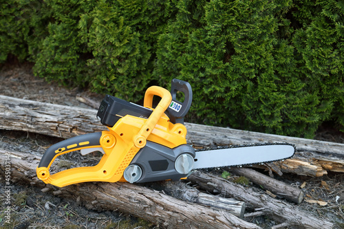 New chainsaw with old wood in the garden side view