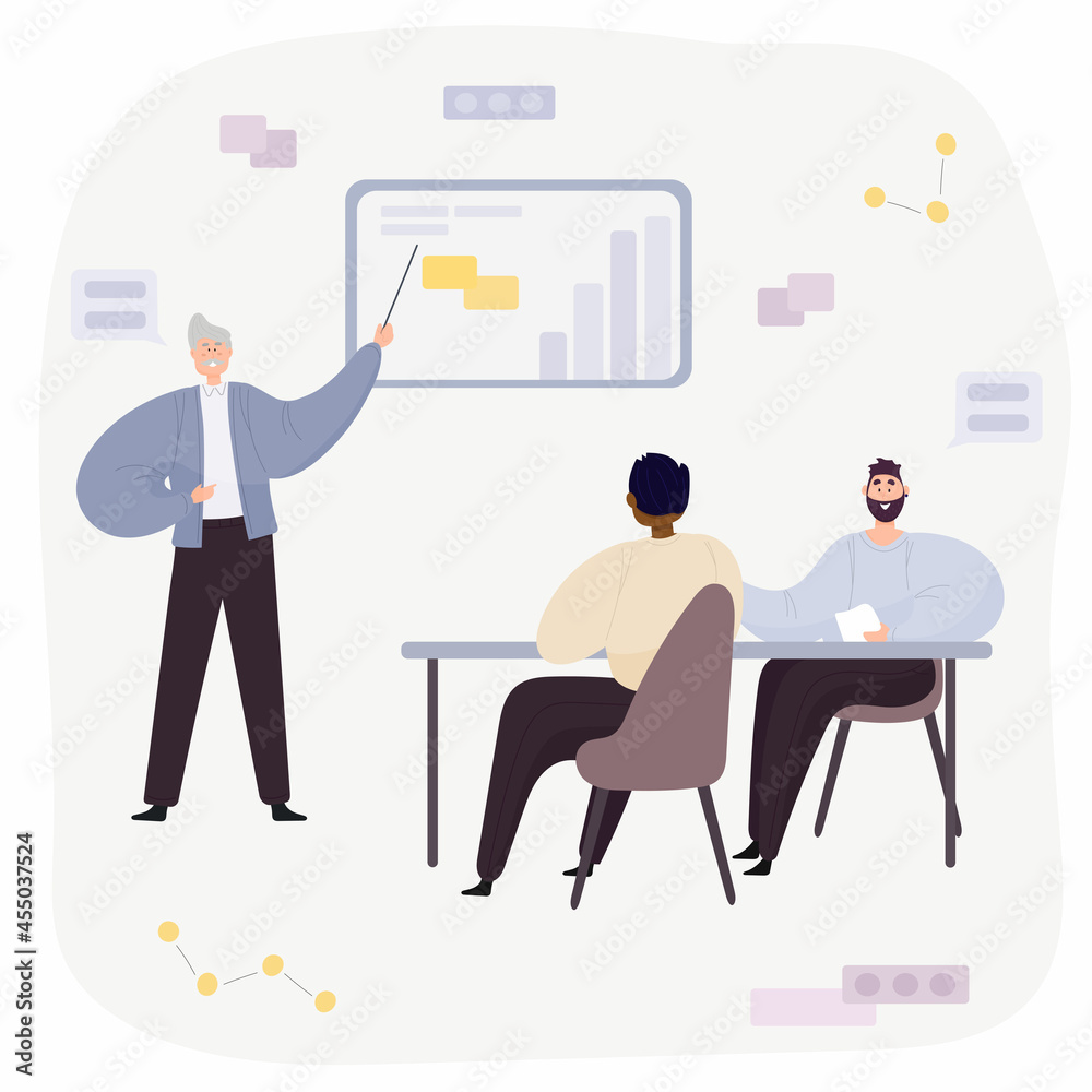The senior executive is passing on his business knowledge. A young group of different nationalities listens to an experienced older man. The senior executive is passing on his business knowledge. A young group of different nationalities listens to an experienced older man.