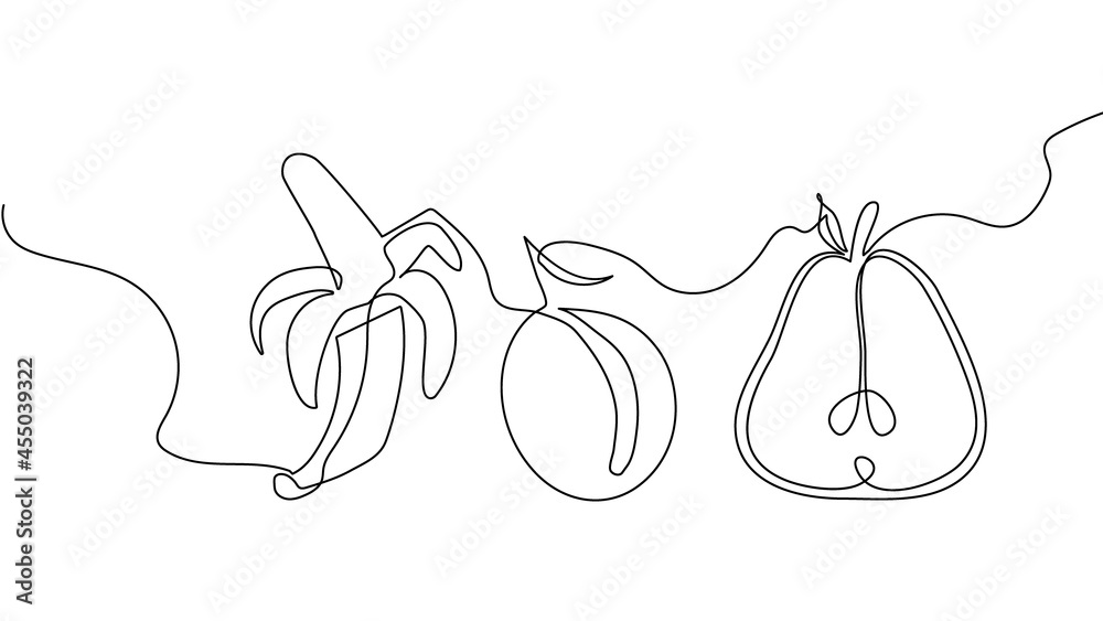 Obraz premium Fruits one line set. Continuous line drawing of banana, plum, apricot, pear.