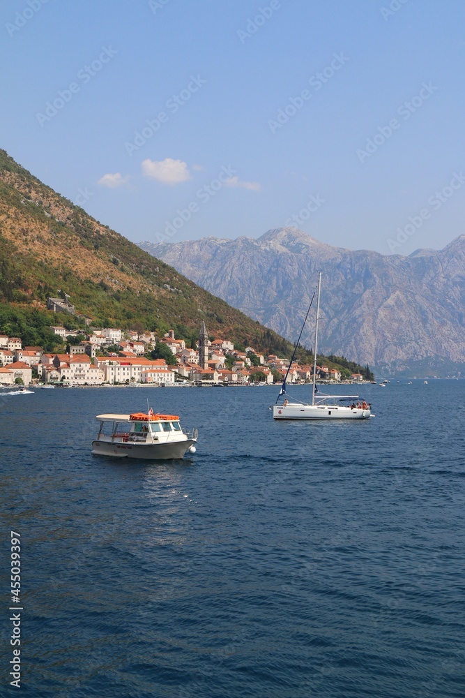 montenegro, perast, lake, church, water, coast, landscape, nature, travel, mediterrenean, panorama, harbor, summer, ship, mountain, view,	