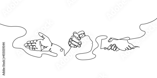 Hand gestures one line set art. Continuous line drawing of gesture, friendship, support, competition, protection.
