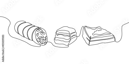 Meat semi-finished products continuous line drawing set. One line art of sausage, lard, smoked meat, bacon.