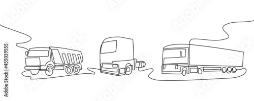 Commercial transport continuous line drawing set. One line art of truck, dump truck, cab.