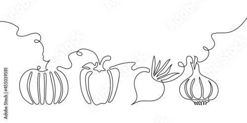 Vegetables one line set. Continuous line drawing of pumpkin, bell pepper, beets, garlic.
