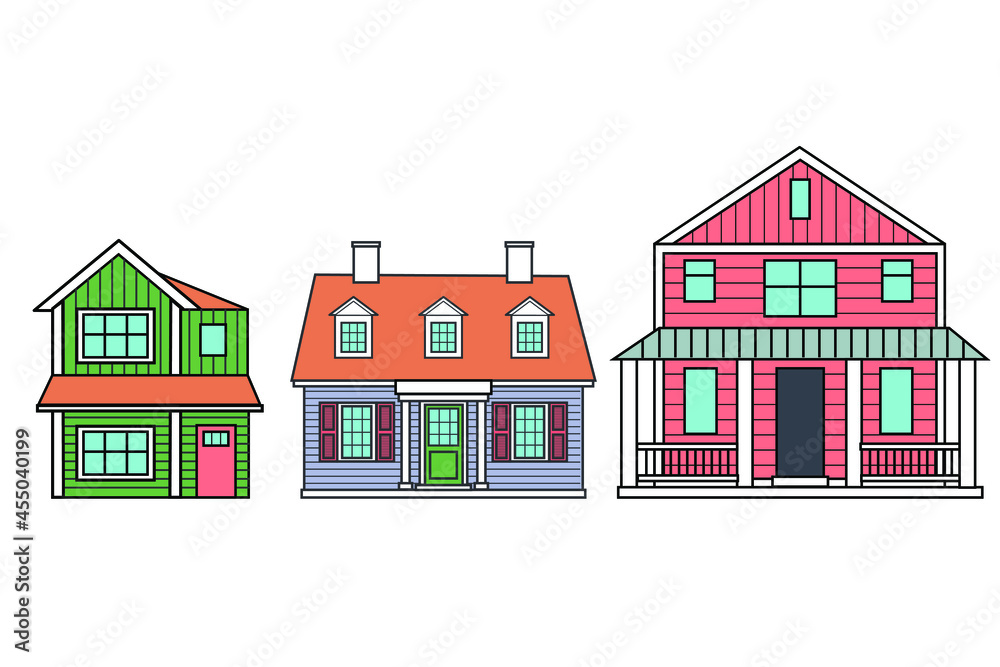set of american wooden houses in trendy linear style