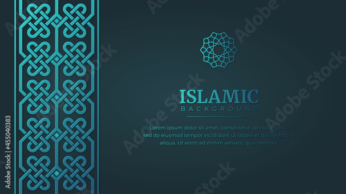 Islamic Arabic Ornament Pattern Borders Frame Blue Background with Copy Space