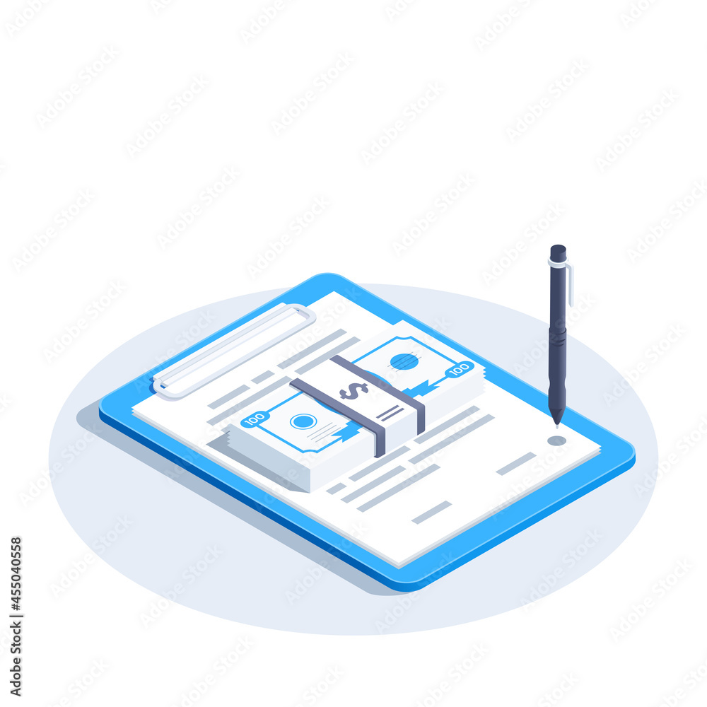 isometric vector illustration isolated on white background, document icon and stack of money, loan agreement or debt receipt isometric vector illustration isolated on white background, document icon and stack of money, loan agreement or debt receipt