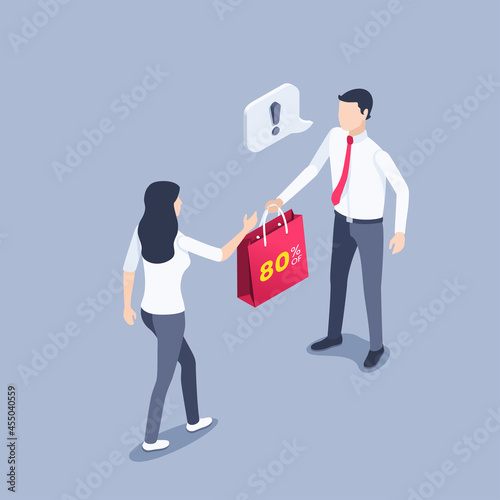 isometric vector illustration on gray background, a man in business clothes with a red tie hands a shopping bag with the inscription 80 % off to a woman, discounts for shopping