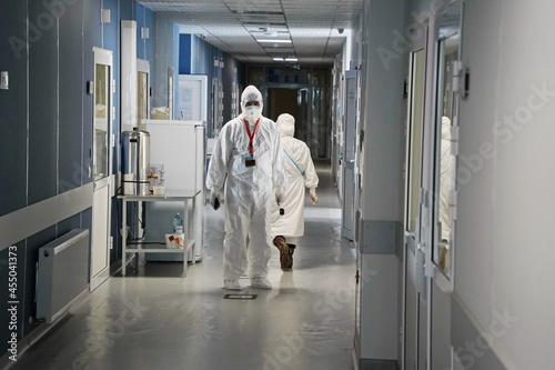 Almaty  Kazakhstan - 09.03.2021   A doctor in the corridor of an infectious diseases hospital