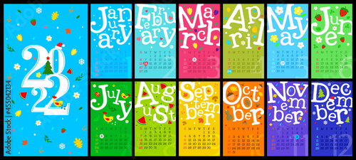 Colorful wall calendar 2022 for 12 months. Flat style. Vector, illustration