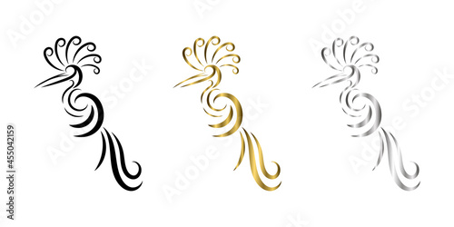 three color black gold silver Line art vector logo of abstract bird that is hanging on a branch.