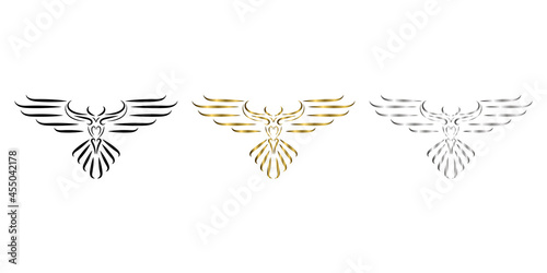 three color black gold silver line art of eagle  with beautiful wings. Curl floral ornament decoration. Good use for symbol, mascot, icon, avatar, tattoo, T Shirt design, logo or any design.