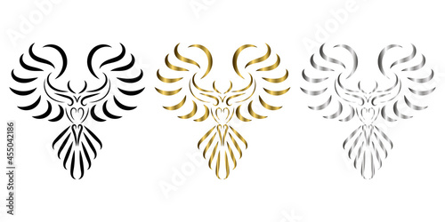 three color black gold silver line art of phoenix bird