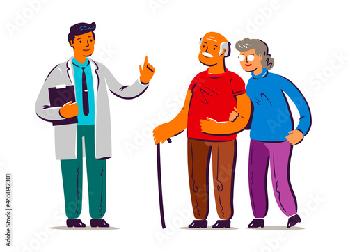 Fototapeta Naklejka Na Ścianę i Meble -  Senior patients and doctor. Volunteers help disabled old people. Caring for the elderly vector illustration
