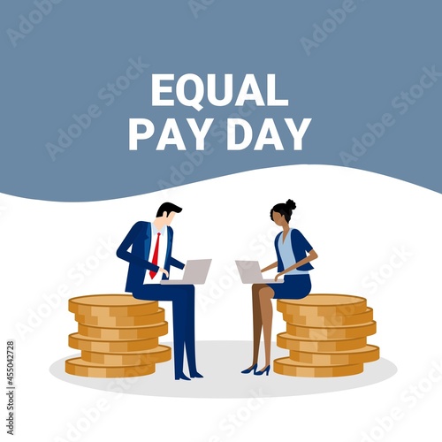 Vector illustration, men and women with different skin tones, sitting on the same pile of coins, as a banner or poster, Equal Pay Day.