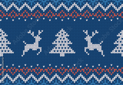 Knit print with Christmas tree and deers. Blue Xmas seamless pattern. Festive knitted border ornament. Sweater background. Holiday winter texture. Vector illustration.