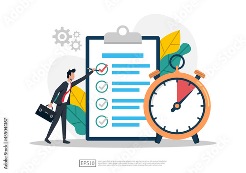 Businessman fill in checklist with clock symbol illustration.