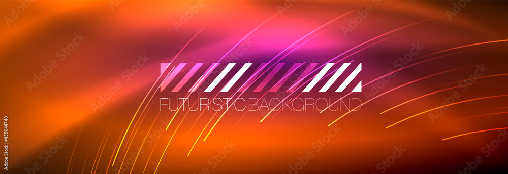 Neon glowing lines, magic energy and light motion background. Vector wallpaper template Neon glowing lines, magic energy and light motion background. Vector wallpaper template