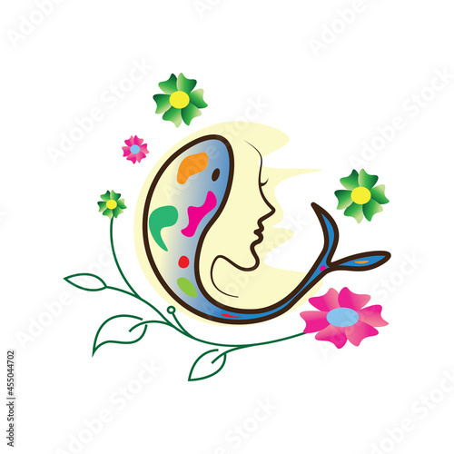 koi fish flower and woman illustration color graphic design vector