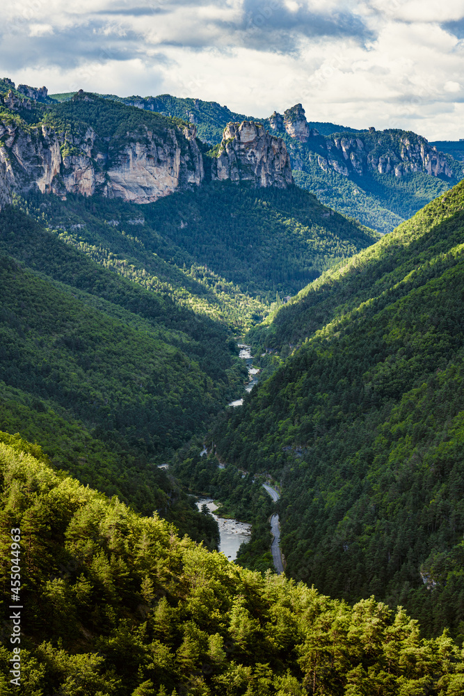 The gorges of the river Tarn. Elevated view of a pure natural landscape in the south of France. Parc National des Cevennes.