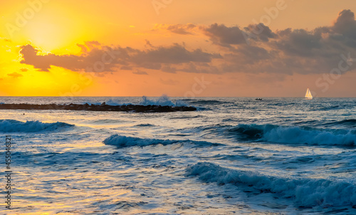 Colorful sunset on the beach of the Mediterranean Sea