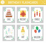 Vector Happy Birthday flash cards set. English language game with cute candle, balloons, cake for kids. Holiday party flashcards. Simple educational printable worksheet..