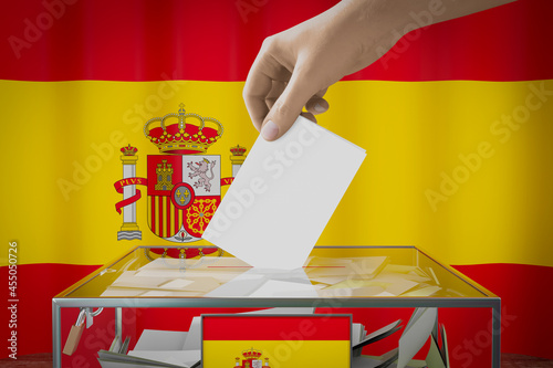 Spain flag, hand dropping ballot card into a box - voting, election concept - 3D illustration photo
