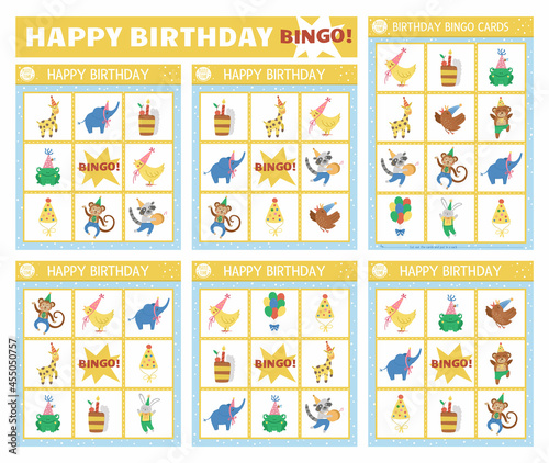 Vector Happy Birthday bingo cards set. Fun family lotto board game with cute animals, balloons, cakes for kids. Holiday party lottery activity. Simple educational printable worksheet..