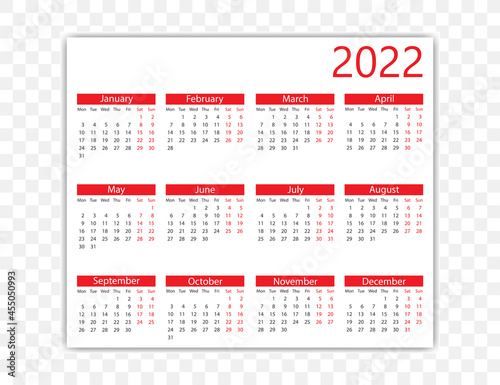 2022 year, calendar. Vector illustration. Weeks start on Monday.