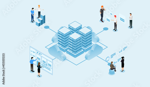 Servers and data sharing with people. cloud technology concept