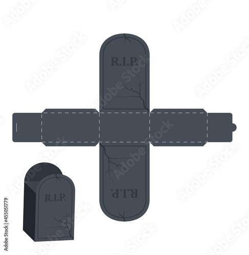 Halloween treat grave box. Gift party packaging for sweets, candies, small presents, bakery. Simple package die cut template for laser cut. Vector stock illustration.
