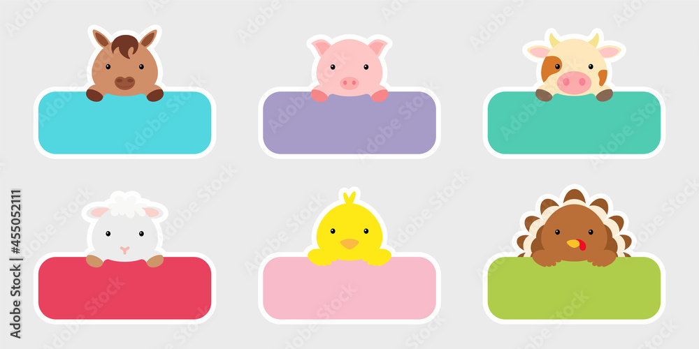 Fototapeta premium Sticky labels set for baby name. Cute cartoon animals shaped notepads, memo pad, flag markers for office school, scrapbooking, print, cards, baby shower, invitation, decor. Vector stock illustration.