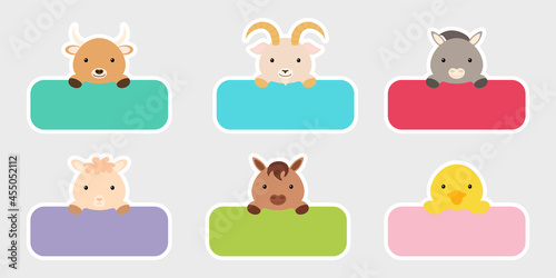 Sticky labels set for baby name. Cute cartoon animals shaped notepads, memo pad, flag markers for office school, scrapbooking, print, cards, baby shower, invitation, decor. Vector stock illustration.
