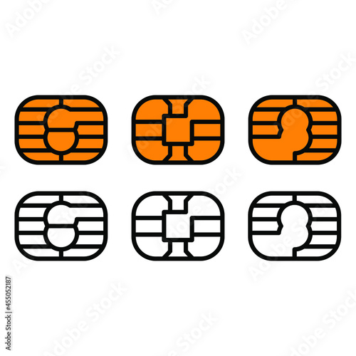 EMV chip icon for bank plastic credit or debit charge card. Vector line symbol illustration set. Simple style and isolated on a blank background.