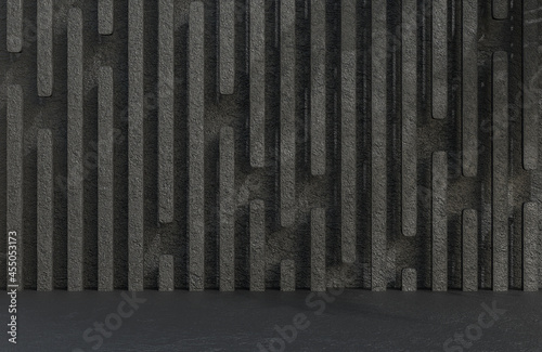 Abstract empty room black stone wall background grunge texture style. 3d model and illustration.