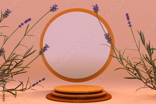 Fototapeta Naklejka Na Ścianę i Meble -  3D orange round podium with autumn composition of lavender plants. Pedestal for skincare product on pastel background. Banner for branding and packaging presentation