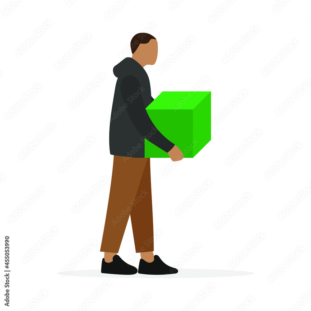 A male character with a large green cube in his hands is standing on a white background