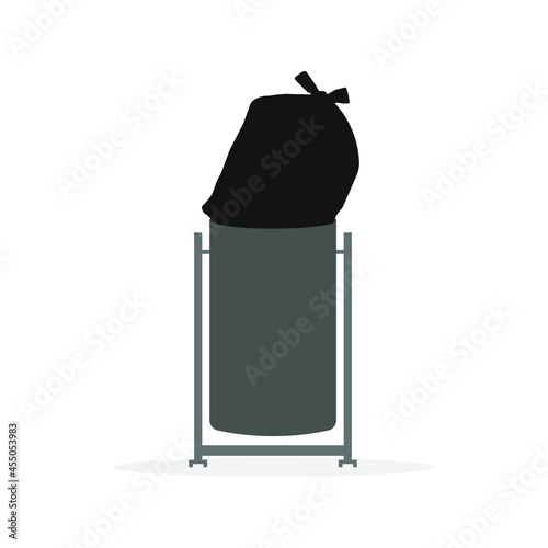 Trash can with large trash bag on white background