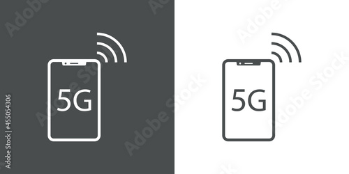 Icono silueta de smartphone con texto 5G con olas con lineas en fondo gris y fondo blanco
