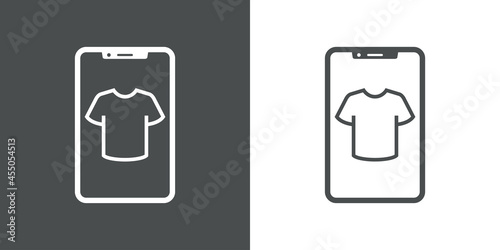 Icono silueta de smartphone con camiseta con lineas en fondo gris y fondo blanco