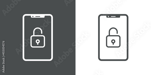 Icono silueta de smartphone con candado abierto con lineas en fondo gris y fondo blanco