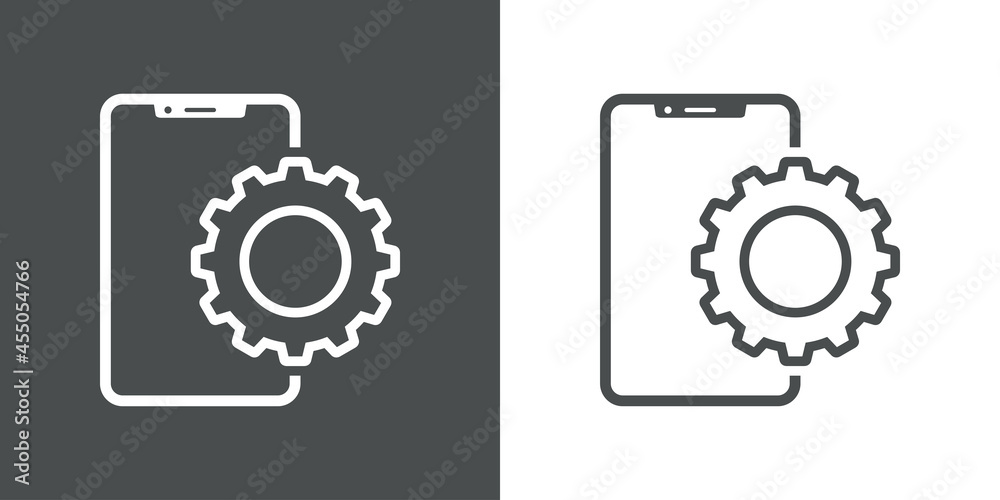 Icono silueta de smartphone con engranaje con lineas en fondo gris y fondo blanco Icono silueta de smartphone con engranaje con lineas en fondo gris y fondo blanco