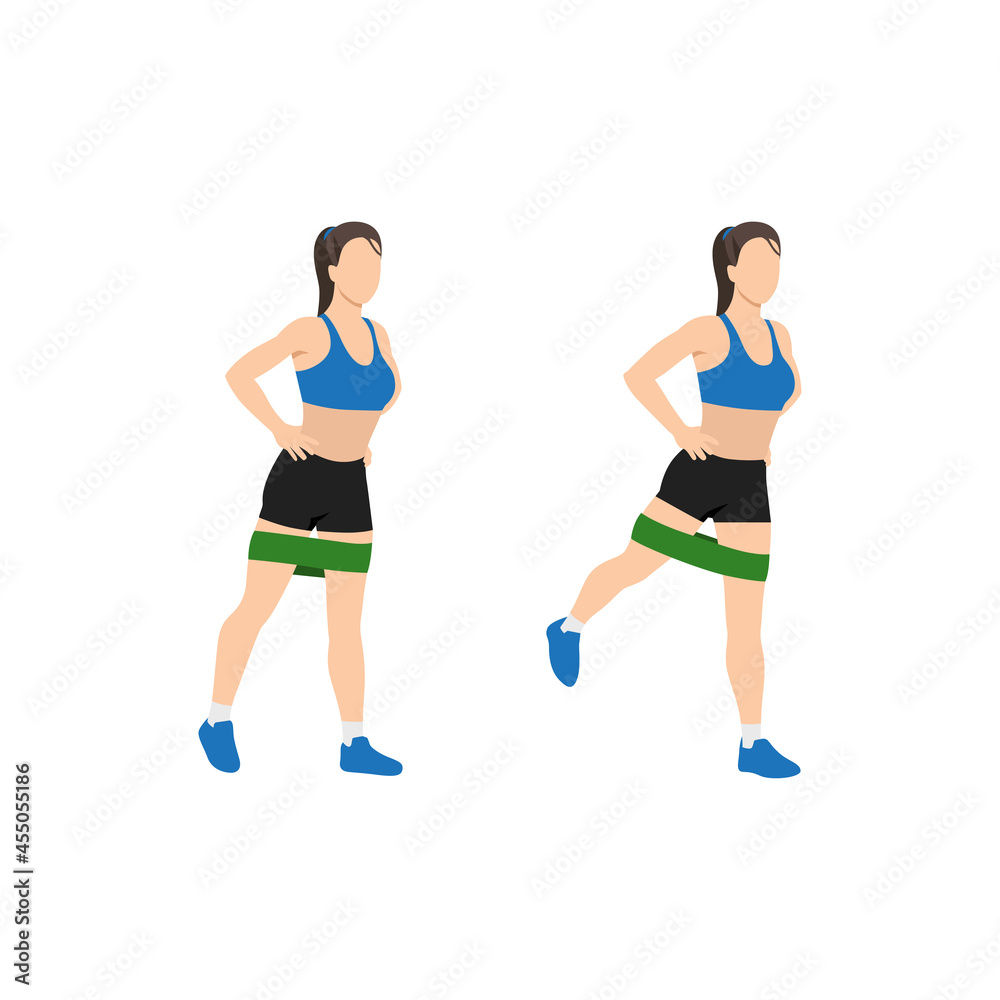 Woman doing Rear leg raise Resistance band exercise. Flat vector illustration isolated on white background Woman doing Rear leg raise Resistance band exercise. Flat vector illustration isolated on white background