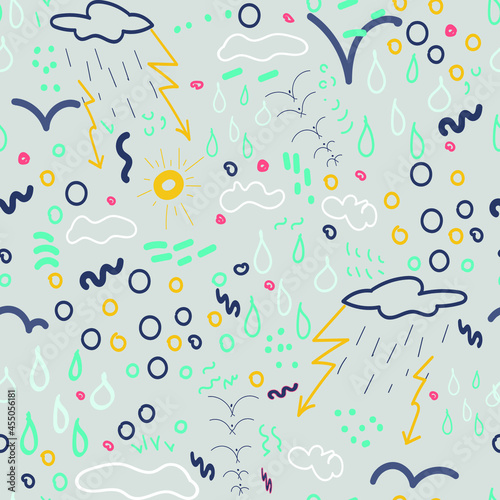 Seamless pattern on the sky thunderstorm with lightning, birds, it's raining.
